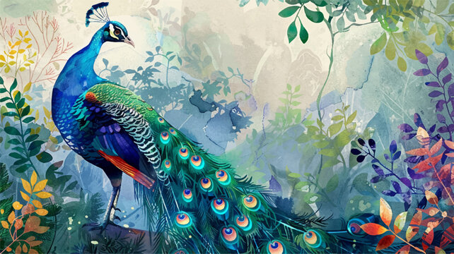 Beautiful watercolor vector decorative illustration with peacock in the garden.