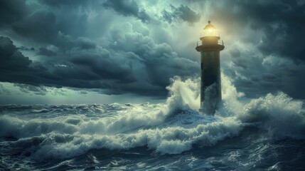 A beacon of hope in turbulent waters, leading to security and triumph in the face of adversity. - obrazy, fototapety, plakaty