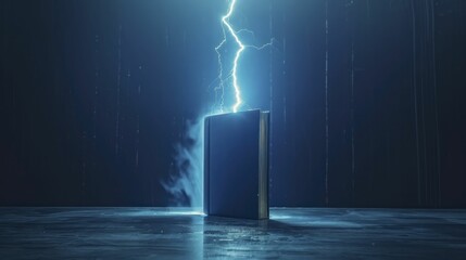 A lone thunderbolt striking a minimalist book, symbolizing the powerful impact of knowledge and learning in business.