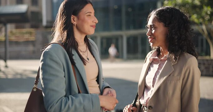 Meeting, conversation and business women in city for planning, discussion and talking on morning commute. Corporate, teamwork and workers in urban town for journey, travel and networking outdoors