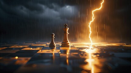 A thunder strike reveals strategic business moves on a chessboard in turbulent times.