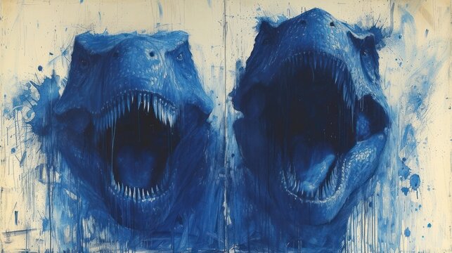  a painting of a pair of dinosaurs with their mouths open and teeth wide open, with water splashing all over them, against a white backdrop of blue paint.