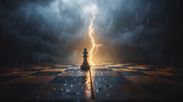A single thunder strike illuminating a chessboard, representing strategic moves in business during turbulent times.