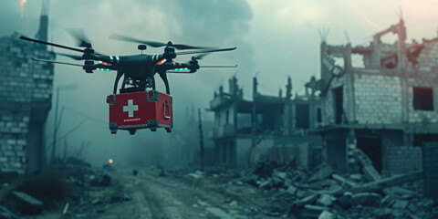 A drone flying carrying a medical box. Disaster area background