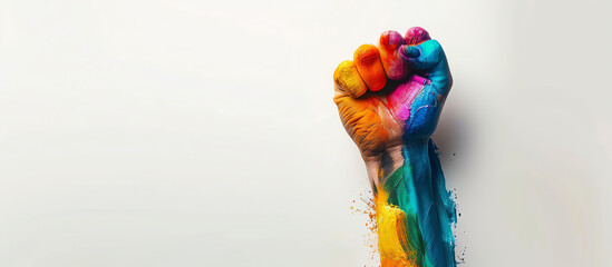 Fist of a man painted in the colors of the rainbow on a white background