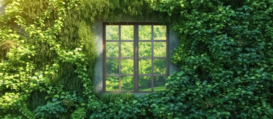 A window embedded in a wall covered in vibrant green plants, creating a picturesque natural display. The lush foliage adds a touch of greenery and life to the exterior of a building.