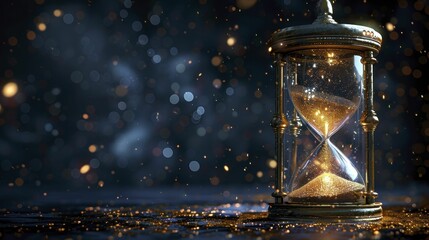 Golden sand in an hourglass flowing denotes time's value and timely success in goals, emphasizing achievement.