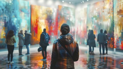 Attendees in an art gallery opening blend with artworks, creating an abstract cultural and social experience.