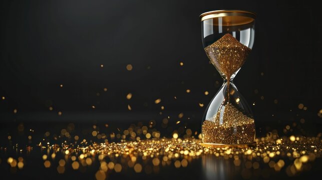 An hourglass filled with golden sand illustrates the importance of time and achieving goals promptly.