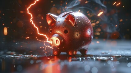 A minimalist depiction of a thunderbolt striking a piggy bank, symbolizing financial shock or sudden economic changes. - obrazy, fototapety, plakaty
