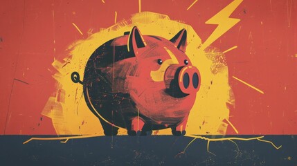 Minimalist illustration: Thunderbolt strikes piggy bank, signaling financial upheaval or abrupt economic shifts. - obrazy, fototapety, plakaty