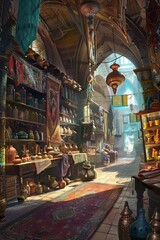 Fototapeta na wymiar A mystical bazaar where travelers can purchase enchanted items from distant lands