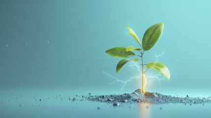 A minimalist thunderbolt strikes a seedling, symbolizing swift startup growth and potential.
