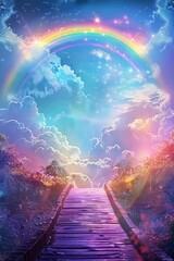 Obraz na płótnie Canvas A brightly colored rainbow stretches across the sky, arching over a sturdy wooden walkway. The vibrant hues of the rainbow contrast against the natural wood of the walkway, creating a striking scene