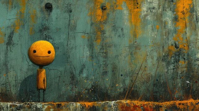  a yellow smiley face on the side of a rusted metal wall with a wooden stick sticking out of it's face and a rusted metal hook on the side of the wall.