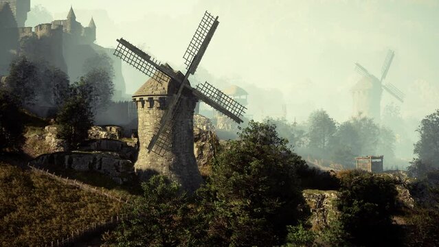 Countryside landscape with old windmill