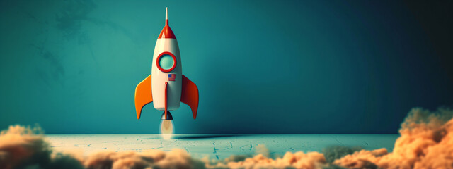 Rocket isolated on blue background with stars. Spaceship flying up in space. Play dough. Clay plasticine style. Space travel, aliens and universe concept - obrazy, fototapety, plakaty