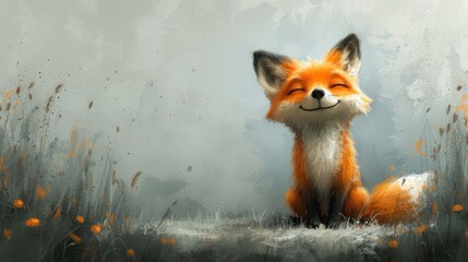  a painting of a red fox sitting in a field of tall grass with its eyes closed and it's head turned to the side, with its eyes closed.