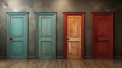 Assorted rustic doors against a textured grey wall, choice and diversity concept. Generative AI