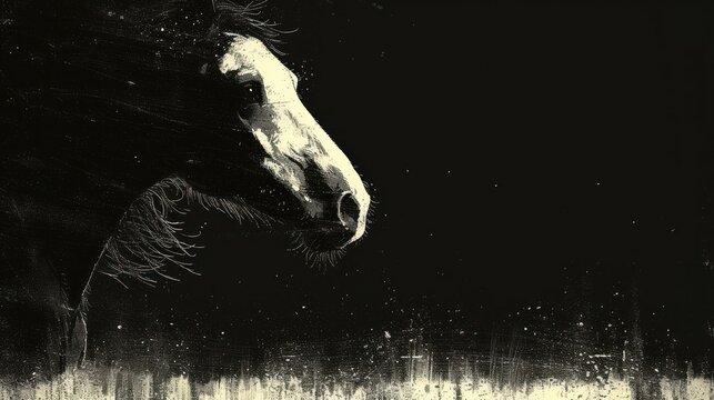  a black and white photo of a horse's head with a blurry image of the horse's face on the side of the picture is black background.