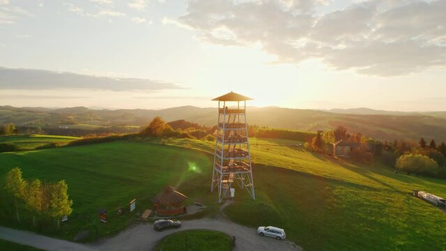 Beautiful observation tower at sunset in Lesser Poland Voivodeship, Poland