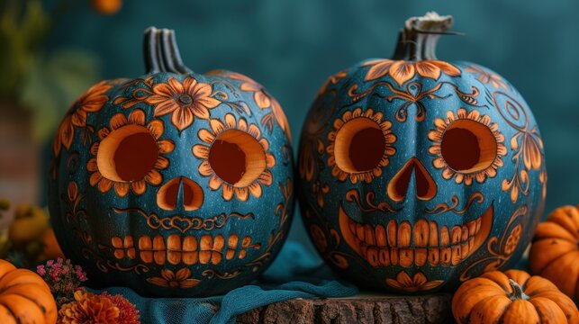  two painted pumpkins sitting next to each other on a pile of orange and blue pumpkins on top of a wooden stump in front of a blue background with flowers and leaves.
