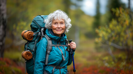 An elderly person enjoying an active outdoor lifestyle, walking in nature, carrying a backpack, and promoting health through their hobby. Ai generative