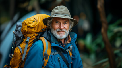 Obraz premium An elderly man with a backpack enjoying an outdoor walk. Ai generative