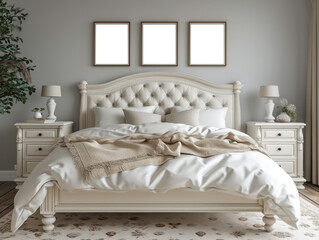 A classic bedroom interior with a bed and three blank frames on the wall above it. Ai generative illustration
