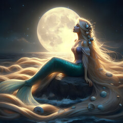 Sirena a la luz de la luna - obrazy, fototapety, plakaty