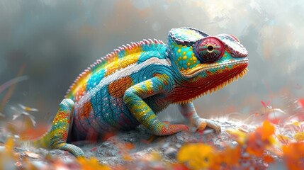  a colorful chamelon sitting on a rock in the middle of a field of orange, yellow, and green flowers with a blurry sky in the background.