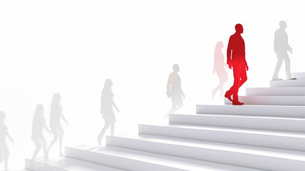 Silhouettes of several people ascending steps, with one person in red standing out, representing leadership or being different. Ai generative