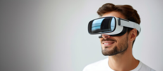 A man is wearing a white and black VR headset, looking upwards with a subtle smile as if experiencing futuristic reality technology. Ai generative