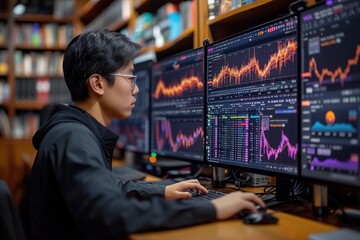 A trader intensely scrutinizes multiple computer screens displaying various financial charts - obrazy, fototapety, plakaty
