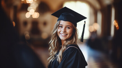 Happy European woman dressed in graduation gown and cap. Ai generative illustration