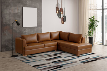 3D rendering .modern living room .modern corner furniture .photo frame and flower pot and carpet