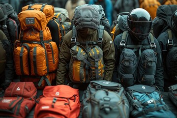 A variety of backpacks lined up for sale, ranging from casual to professional adventure gear - obrazy, fototapety, plakaty