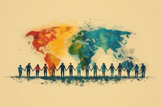 People holding hands under a watercolor world map, symbolizing global unity, peace, and diversity across continents