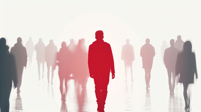 A silhouette of a person highlighted in red, standing out from a crowd of people in a business concept for leadership. Ai generative