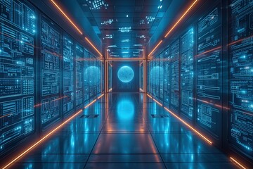A visually striking image showcasing a futuristic server room with a glowing, holographic moon at its center, symbolizing advanced technology