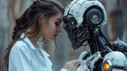 Fototapeta premium Romantic relashionship between woman scientist and humanoid robot. Human and artificial intelligence robot stand together, look each other. Couple in love. Generative ai