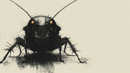  a close up of a bug on a white background with a black and white image of a bug on the back of it's head, with yellow eyes.