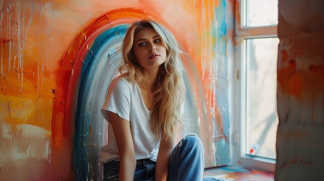 Creative blond girl in casual clothes sitting on window sill against window and painting with paintbrush large multi colored rainbow on orange canvas