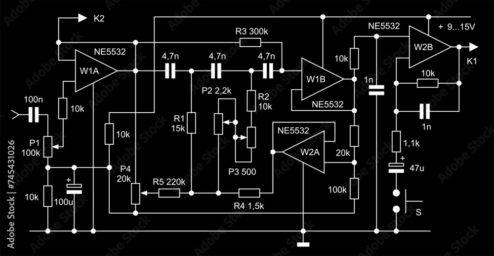 Poster technical schematic diagram of analog electronic device. vector drawing electrical circuit with oper