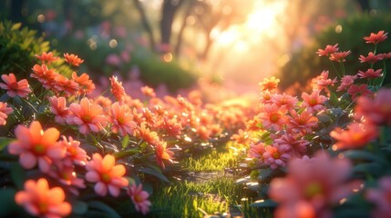 a field full of pink flowers with the sun shining through the trees in the backgrounnd of the photo, with the sun shining through the trees in the background.