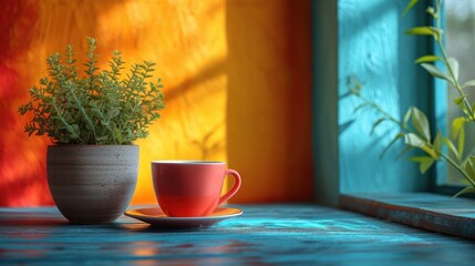  a cup and saucer sitting on a table next to a potted plant on a window sill in front of a yellow and orange wall with blue trim. - obrazy, fototapety, plakaty