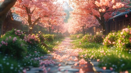 a pathway lined with pink flowers next to a forest filled with lots of green grass and trees with pink flowers on each side of the pathway, and a sun shining through the trees.