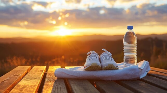 The fitness concept is captured with sport footwear, a towel, and a water bottle arranged on a wooden table against the backdrop of a sunset landscape