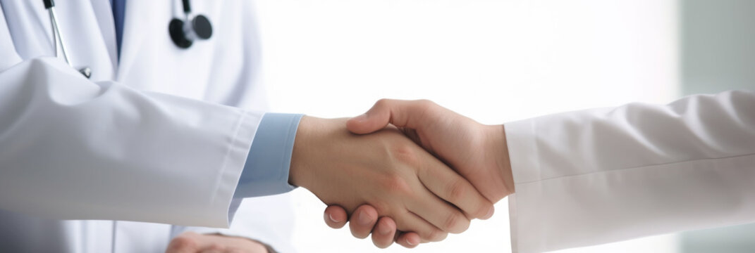 doctor with stethoscope shakes patient's hand. banner