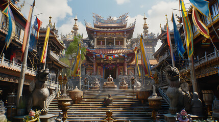 Templo Budista Construções Ornamentadas e Bandeiras Coloridas em Fotografia de Grande Angular com Lente de 24mm - obrazy, fototapety, plakaty